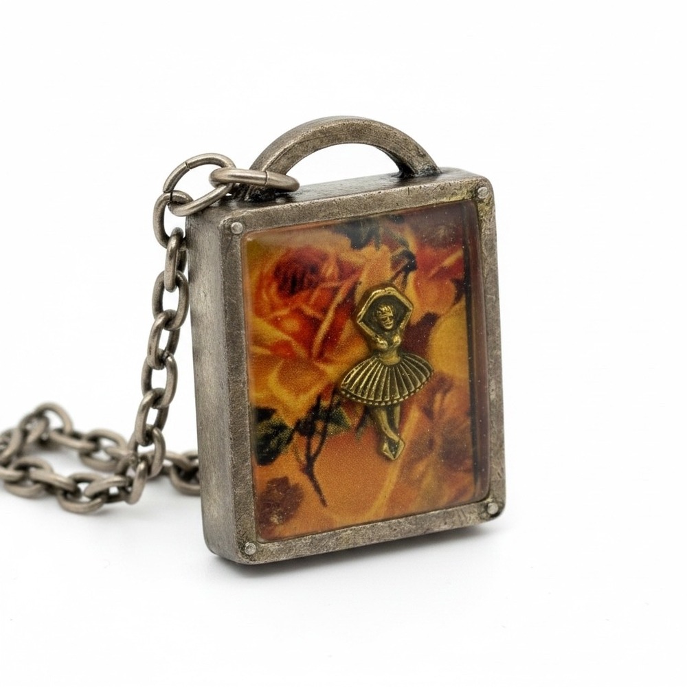 Classic Hardware Vintage Ballerina Rose Pendant Necklace Antique Silver Tone